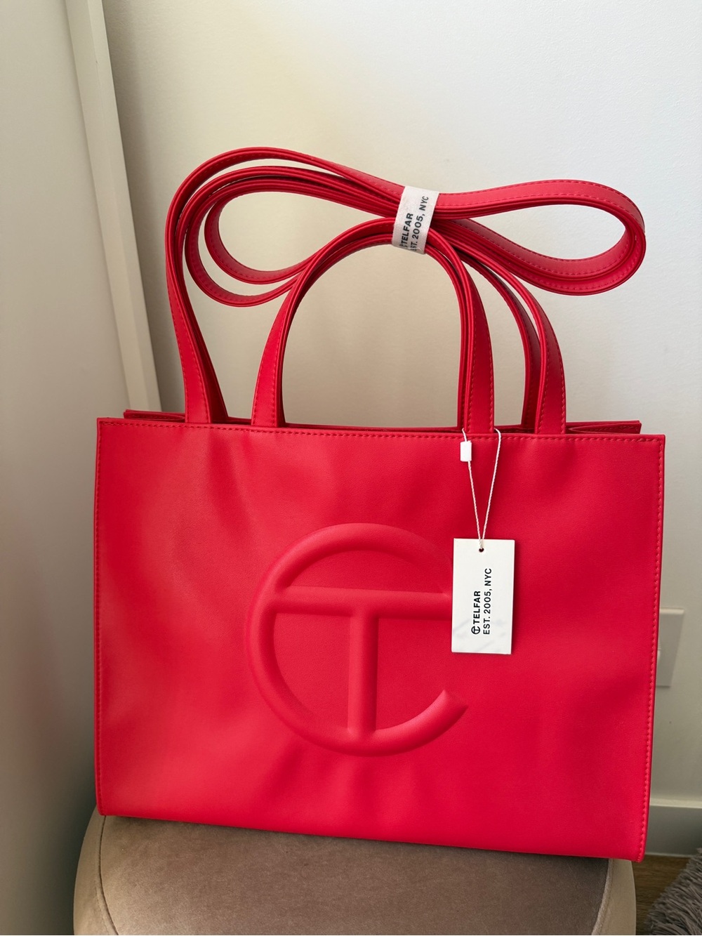 Telfar Bright Red Shopping Tote with Embossed Logo